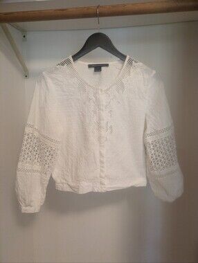 French Connection White Eyelet Lace Boho Button-Down Blouse Top Size 0